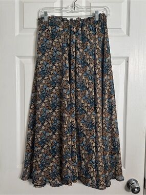 Flowing Floral Midi Skirt in Blue and Tan